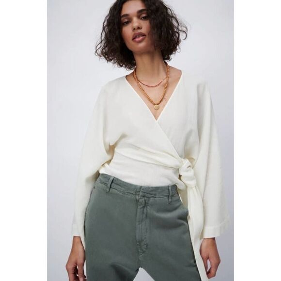 WOOL BLEND TIED SHIRT TOP BLOUSE WRAP - Picture 1 of 9